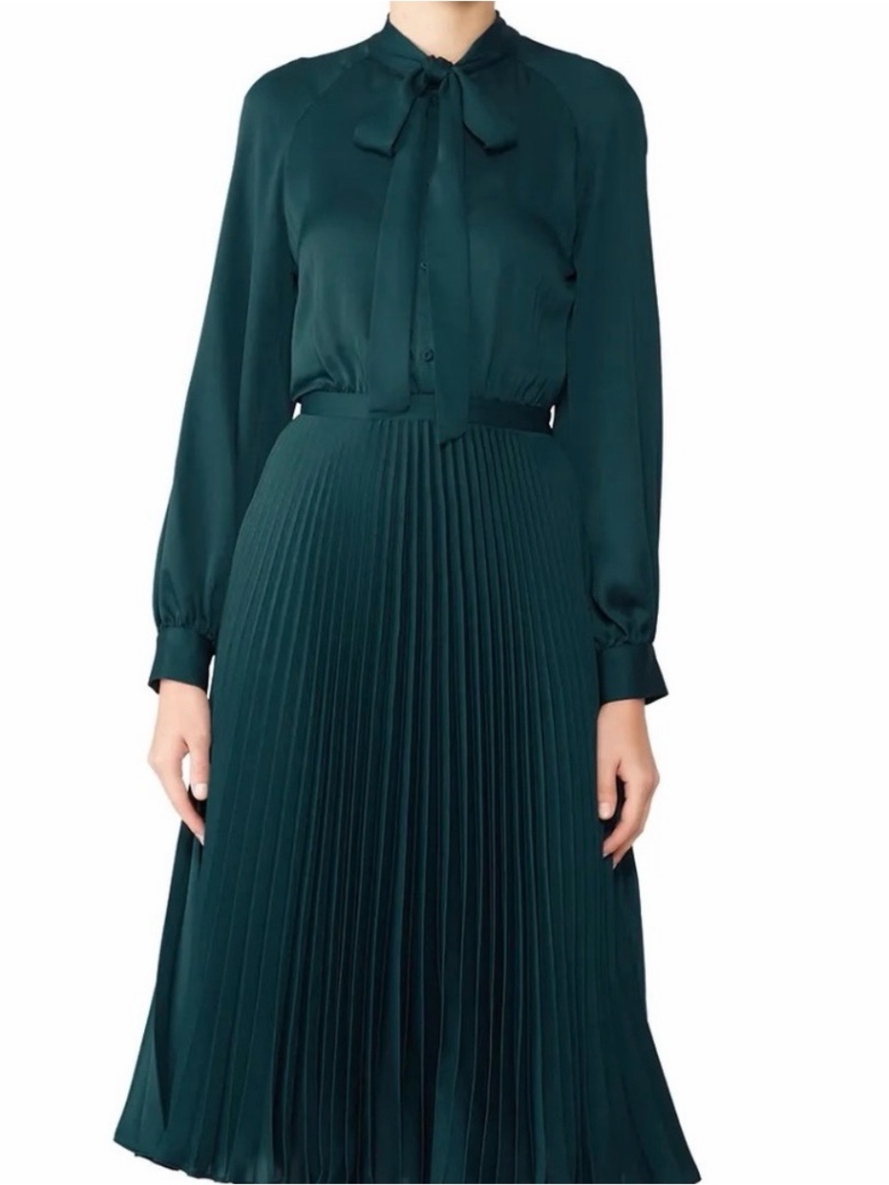 Tara Jarmon Emerald Green Pleated Tie-Neck Midi Dress